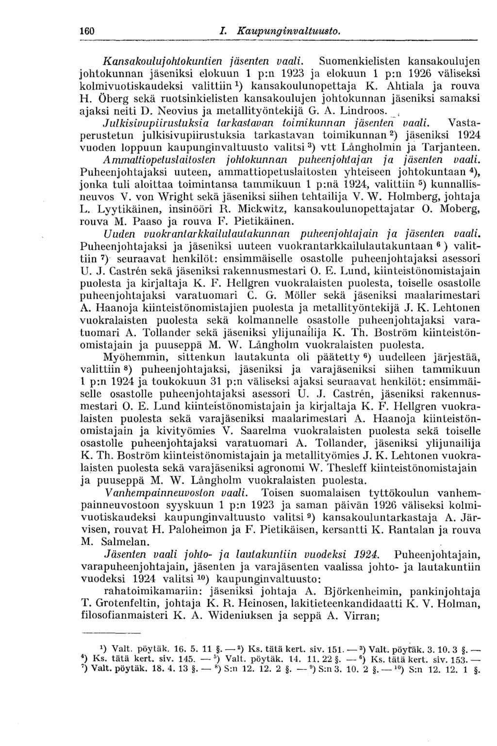 160 I. Kaupunginvaltuus to. Kansakoulu]ohtokuntien jäsenten vaali.