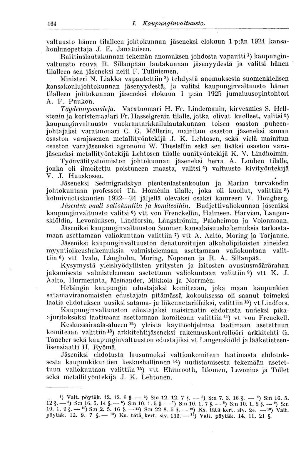 164 I. Kaupunginvaltuus to. valtuusto hänen tilalleen johtokunnan jäseneksi elokuun 1 p:än 1924 kansakoulunopettaja J. E. Janatuisen.
