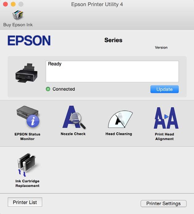 Verkkopalvelu- ja ohjelmistotiedot Epson Printer Utility Voit suorittaa ylläpitotehtävän, kuten suutintestin ja tulostuspään puhdistuksen, ja voit tarkistaa tulostimen tilan ja vikatiedot