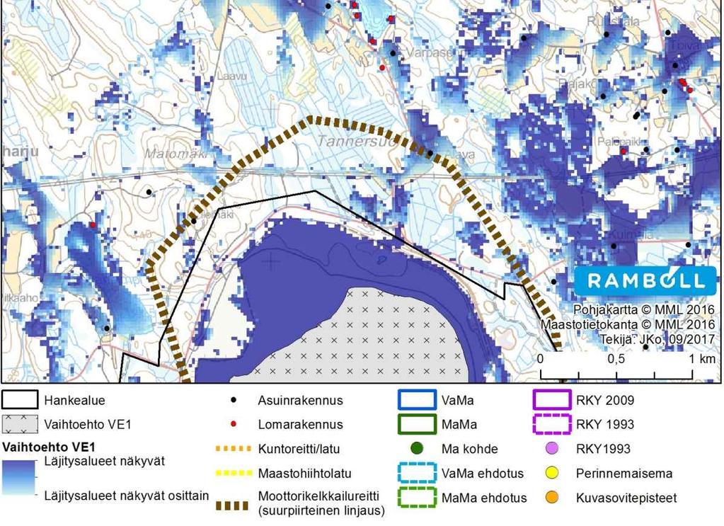 vaihtoehdon VE1 näkymäalueanalyysin tulokset Koivumäen