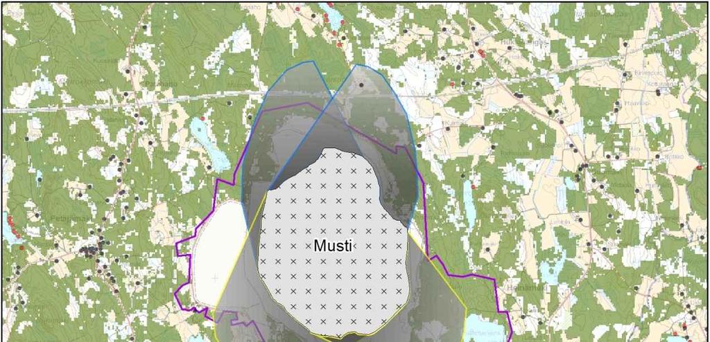 Kuva 8-20. Suuntaa antava arvio hankkeen aiheuttamista varjostusvaikutuksista lähialueella.