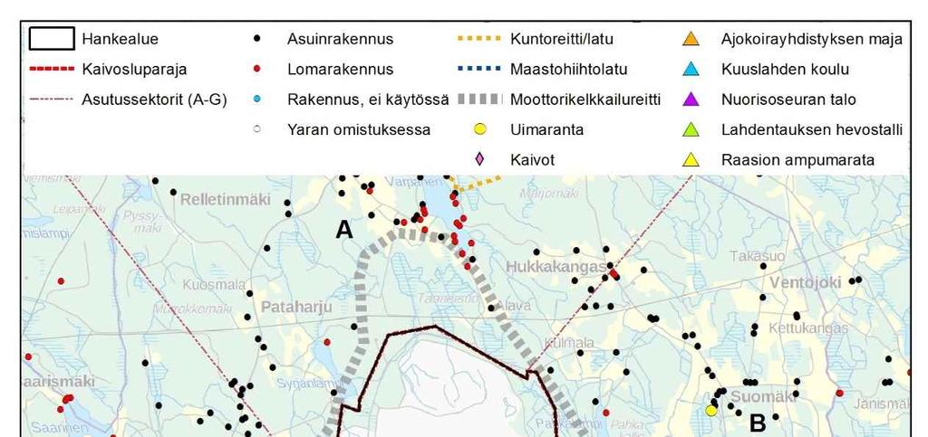 Kuva 9-13. Asutus, muut toiminnot ja virkistysreitit hankealueen lähiympäristössä. Kartalla on lisäksi esitetty asutussektorit.