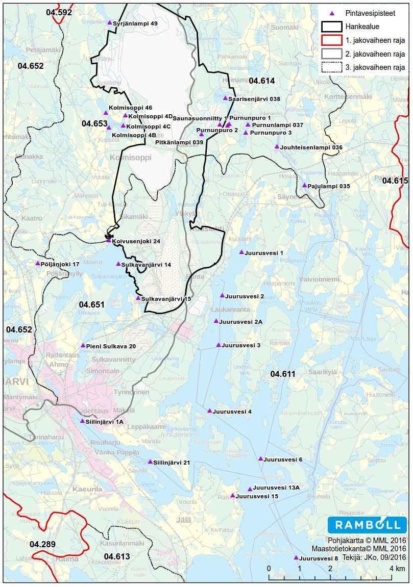 Kuva 7-8. Tarkkailuissa mukana olevat pintaveden tarkkailupisteet. Läntinen reitti Kokonaistarkastelun perusteella läntisen reitin (Syrjänlampi Siilinjärvi) herkkyys määritettiin suureksi.