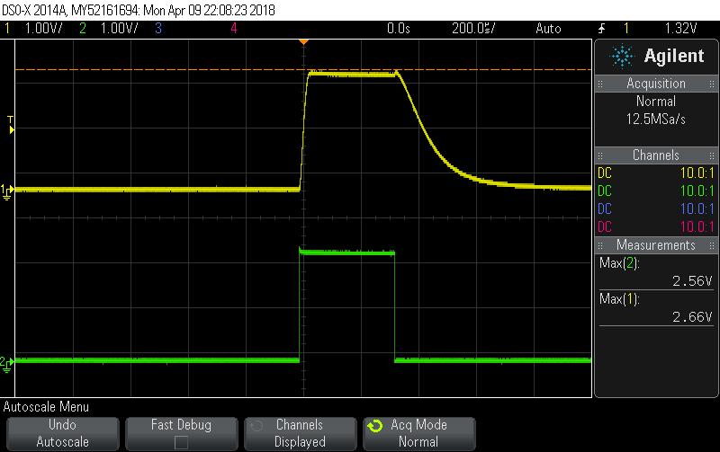 39 IR-ledin pulssinpituus. Kuva 14. Fototransistorin nousuaika ja ulostulojännite vastaanottaessa vain vähän heijastusta (keltaisella). Vihreä kuvaaja on lediä ajava pulssi. Kuva 15.