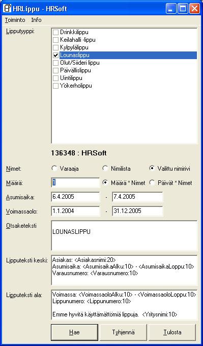 Valinnalla Varaaja kaikkiin lippuihin tulostuu varaajan nimi. Oletuksena yritysnimi, mutta ellei sitä ole, niin sitten varaajan nimi.