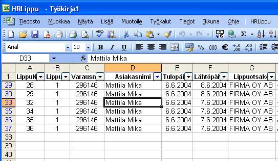 valita suodatus tietyllä asiakasnimellä.