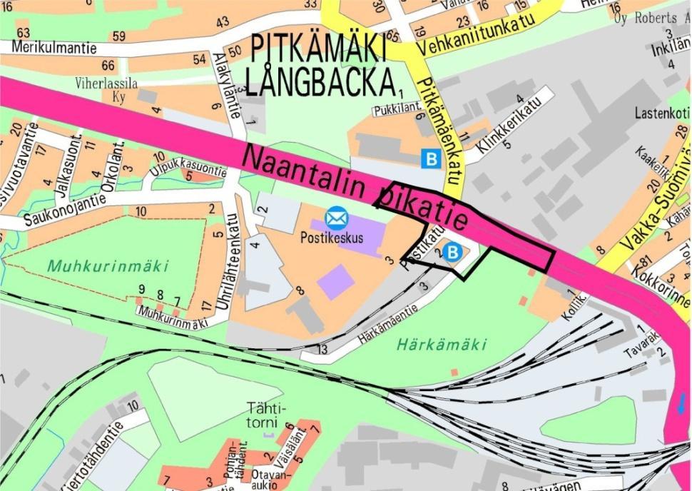 3 Asemakaavamuutos koskee: Kaupunginosa: O74 PITKÄMÄKI LÅNGBACKA Kortteli: 84 84 Kadut: Naantalin pikatie (osa) Nådendals snabbväg (del) Postikatu Postgatan Liikennealueet: Nimettömiä (osa) Utan namn