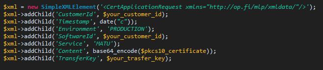 27 Kuvio 9 Esimerkki CertApplicationRequest XML-tiedoston luonnista CertApplicationRequest-elementin lisäksi täytyy muodostaa RequetHeader elementti, joka myös tulee SOAP-sanoman Body-elementin