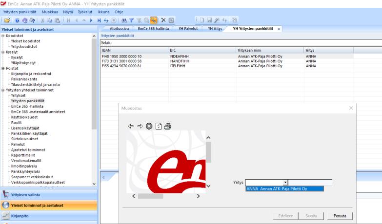 Ota pankkitilit käyttöön EmCe Pankkiyhteydessä: Yleiset toiminnot ja asetukset Yritysten yhteiset toiminnot Yritysten pankkitilit a.