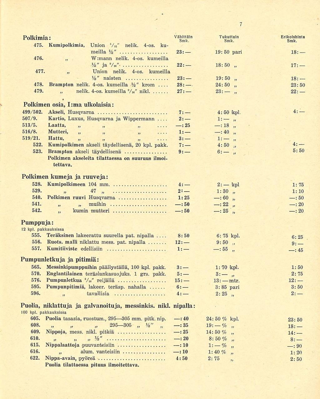 28: 2:... 3: 8:50 Poikimia; Vähittäin Tukuttain Erikoishinta Smk. Smk. Smk. 475. Kumipolkimia, Union 5 " / 32 helik. 4-os. kumeilla %" 23: 19:50 pari 18; 476. W:mann nelik. 4-os. kumeilla ja '/«" 22: 18:50 17: 477.