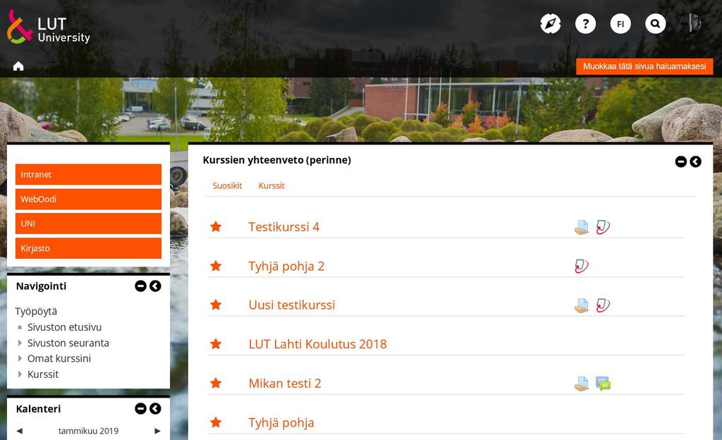 6 1.2. Aloitussivu (Työpöytä/Dashboard) Aloitussivu jakautuu oletuksena kahteen osaan: muokattavat Lohkot (1.) ja Kurssien yhteenveto (2.