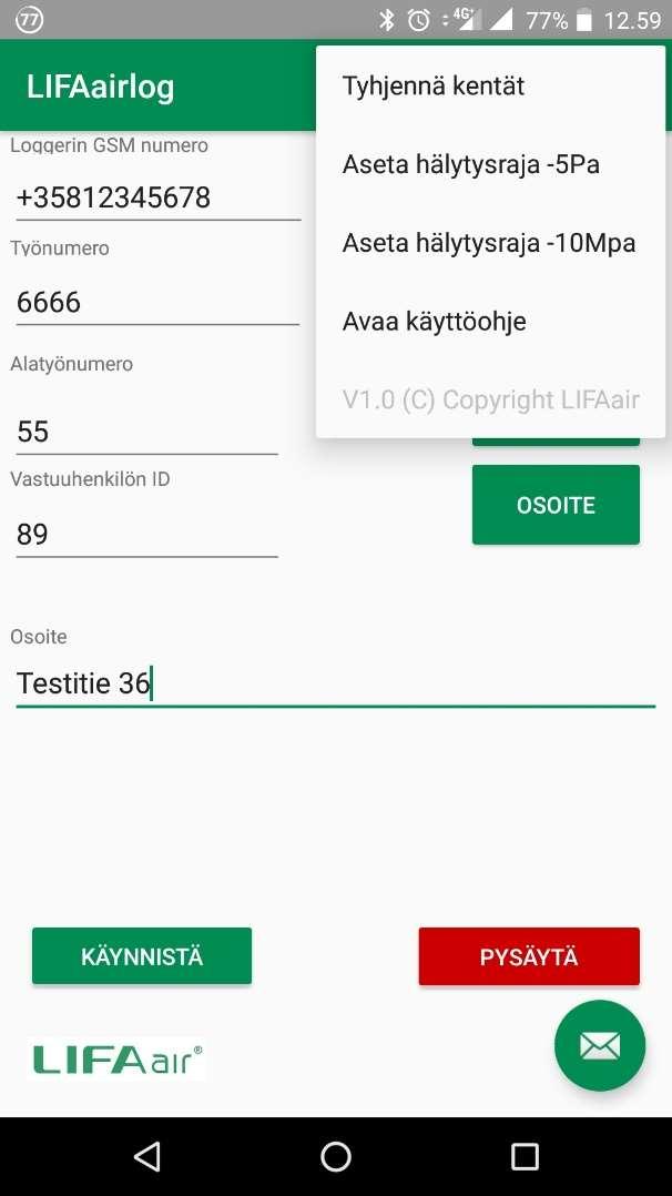 ANDROID PUHELIMEN APP Jos käytössäsi on Android-käyttöjärjestelmällä toimiva älypuhelin voi ladata Google Play - kaupasta maksuttoman Lifaair appin hakusanalla lifaair Tällöin