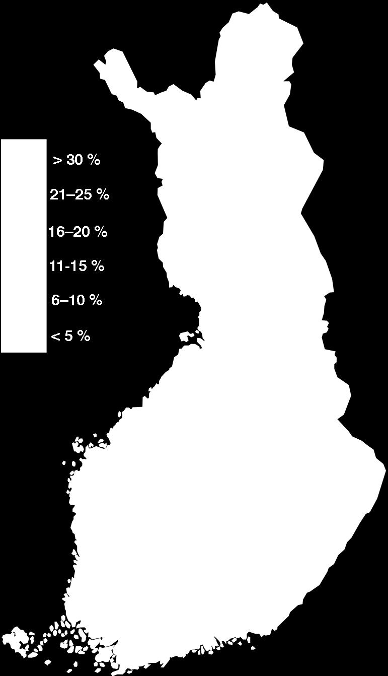 Kun Porvoon osuutta tarkastelee suuralueittain, näkee, että Uudellamaalla osuus on noin 8 prosentin luokkaa, muualla paria prosenttia. Taulukko 4.