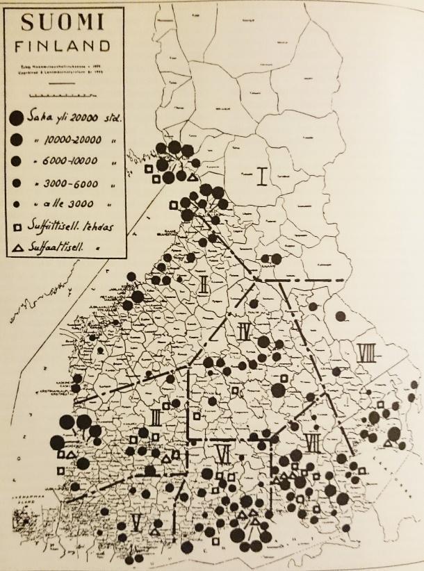 Pakkasen ja Leikolan (2011) mukaan Suomessa oli 1900-luvun alussa noin 400 tehdasta, jotka käyttivät yhteensä noin viisi miljoonaa kuutiometriä puuta.