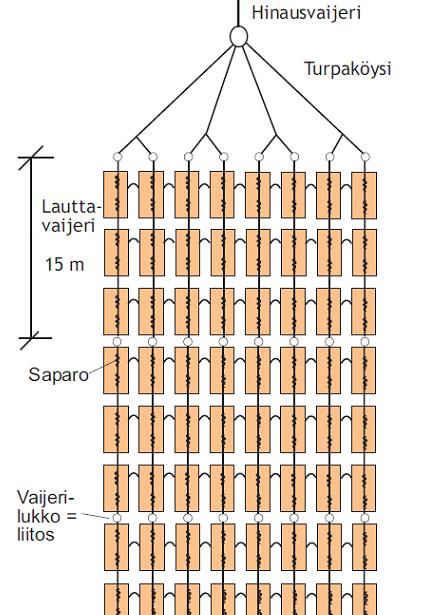 Kuva 13 Nippulautan rakenne (Kariniemi ym. 2008). Toinen tapa siirtää puut uittoon on nippulaniputus, jota käytetään saaristo- ja rantametsien korjuun yhteydessä (Kariniemi ym. 2008). Nippulaniputuksessa kuormatraktori ajaa suoraan ponttonisillalle eli nippulalle, jossa on nostettava ajosilta ja nipputaskut (kuva 14).