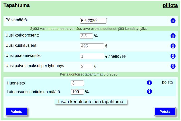 Syötämme tapahtumalomakkeen tekstikenttiin huoneiston numeron ja lainaosuussuorituksen prosentuaalisen määrän sekä tapahtuman päivämäärän, jolloin koko tapahtuman