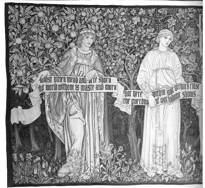 William Morris 1890, The Orchard, vasen puoli, koko kuvakudos 224x476 Parry, L. 1983. William Morris Textiles.