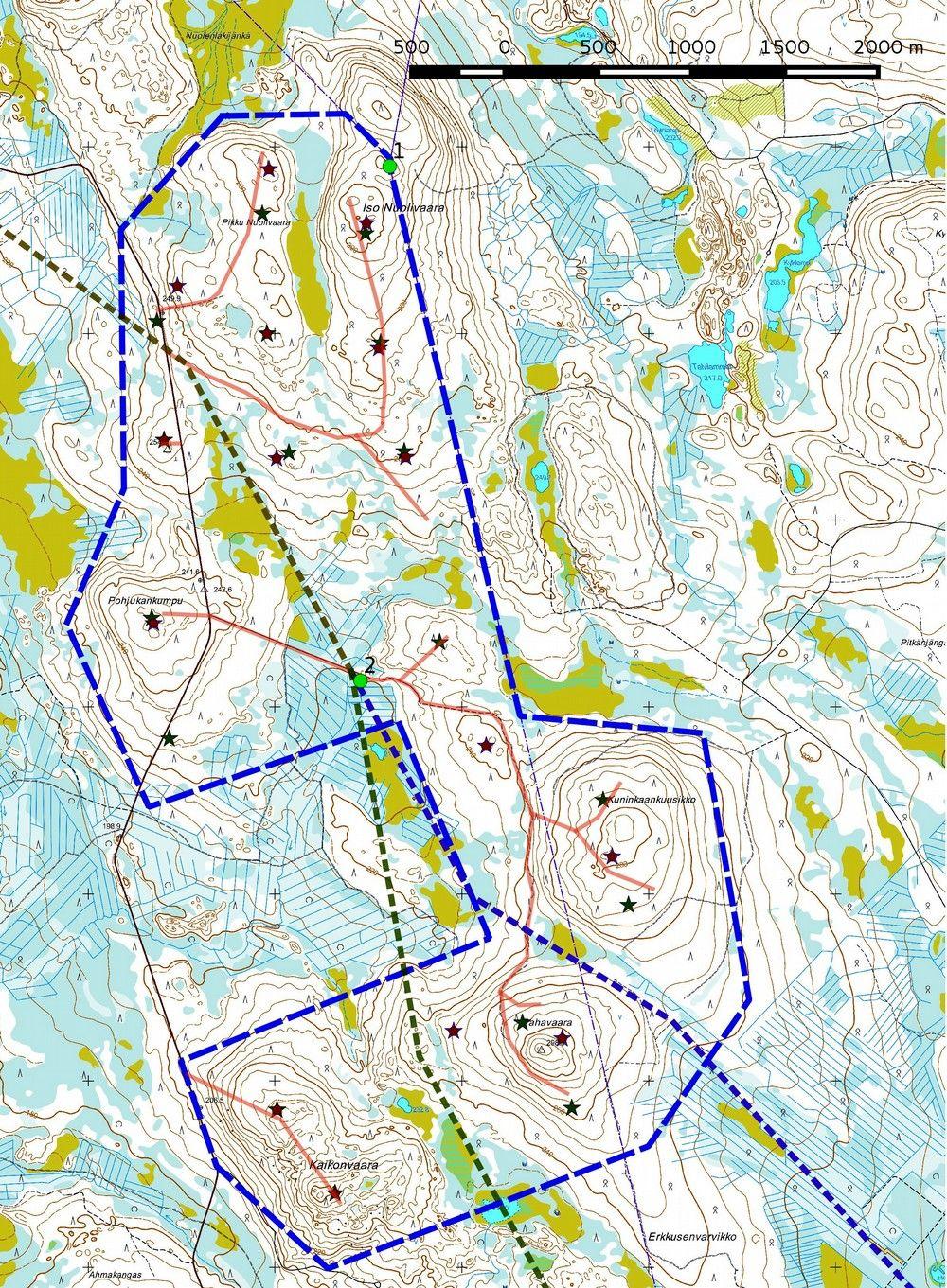 18 Kartta 8. Yleiskartta, kohteet 1 ja 2. Hankealueen rajaus sinisenä katkoviivana, voimalapaikat tähtenä (ve 17 vihreänä, ve 15 punaisena), tielinjaukset vaaleanpunaisena.
