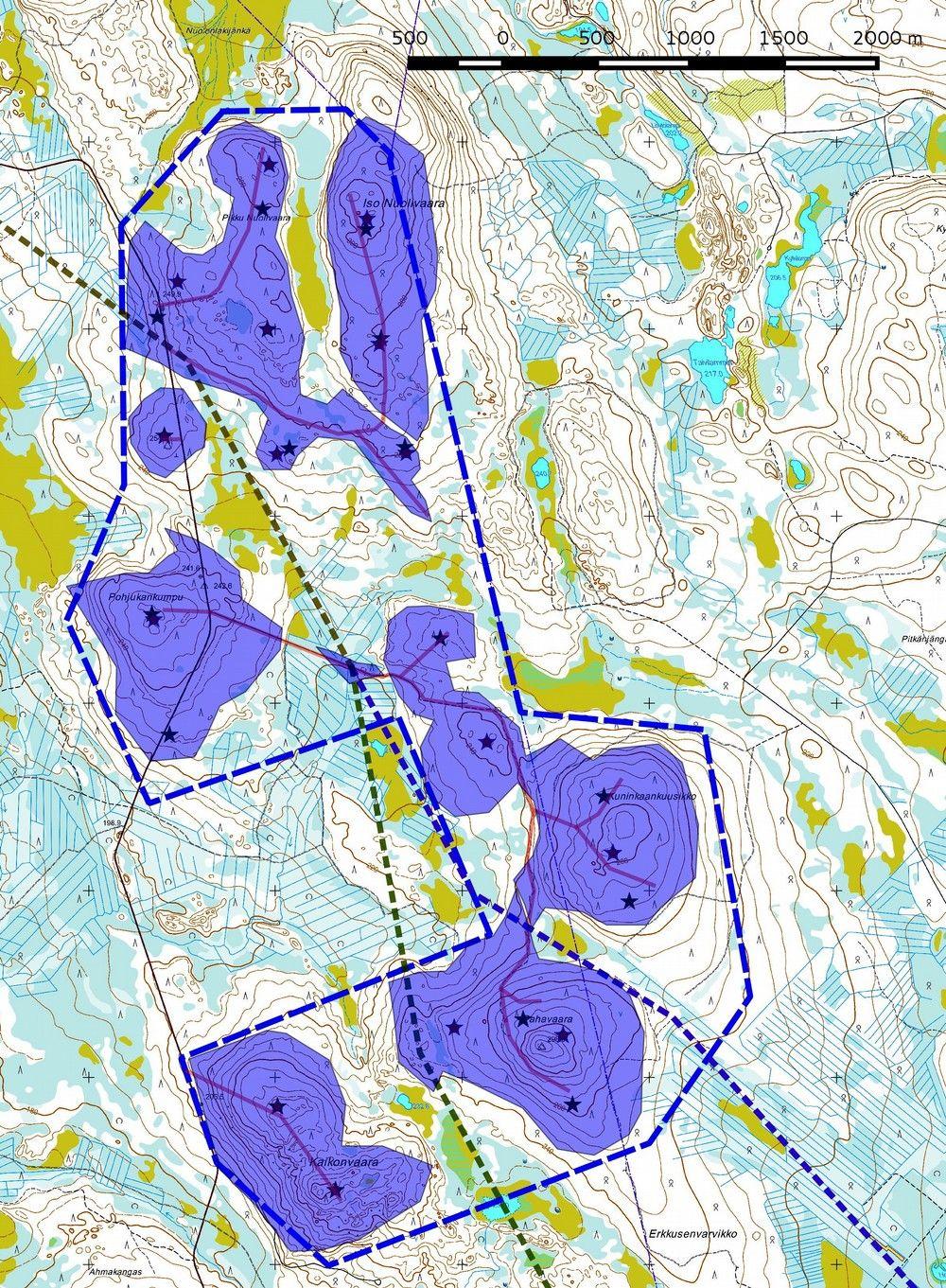 5 Kartta 3. Inventoidut alueet violettina. Muut karttaselitykset ks. kartta 2 sivulla 5. Maanmittauslaitoksen peruskarttarasteri 1: