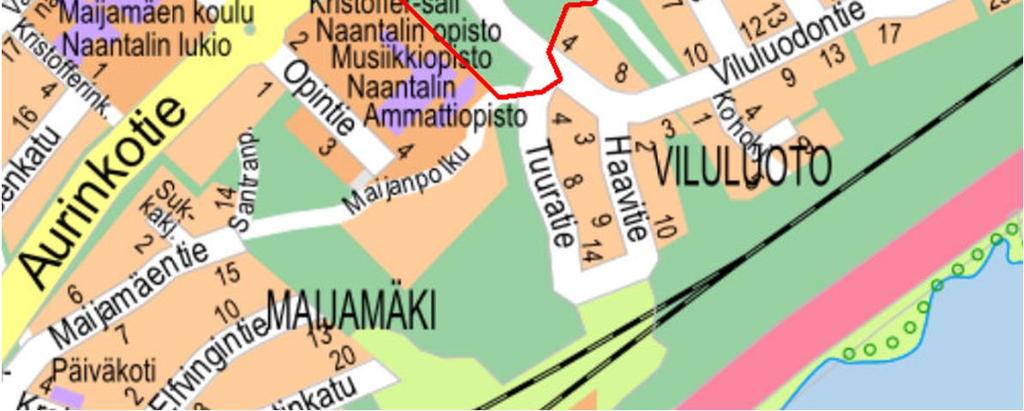 Suunnittelualue rajautuu pohjoispuoleltaan Aurinkotiehen, itä- ja eteläpuoleltaan Vuorilanpuistoon, ja lännessä Opinpuistoon. Viluluodontie kulkee suunnittelualueen keskeltä. Ote opaskartasta.