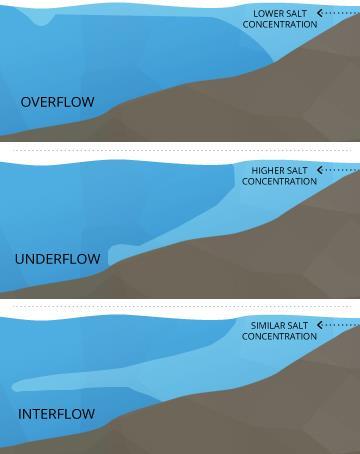 Lake inflow The salinity of an inflow can determine the mixing of the waters: higher salinity inflow -> underflow lower salinity inflow -> overflow This mixing mechanism has