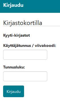 Kirjautuminen Kirjautuminen tarvitaan, jotta voit uusia lainoja tehdä varauksia ilmoittaa yhteystietojen muutoksista tehdä omia suosikkilistoja Kirjaudu sisään painamalla oikeasta