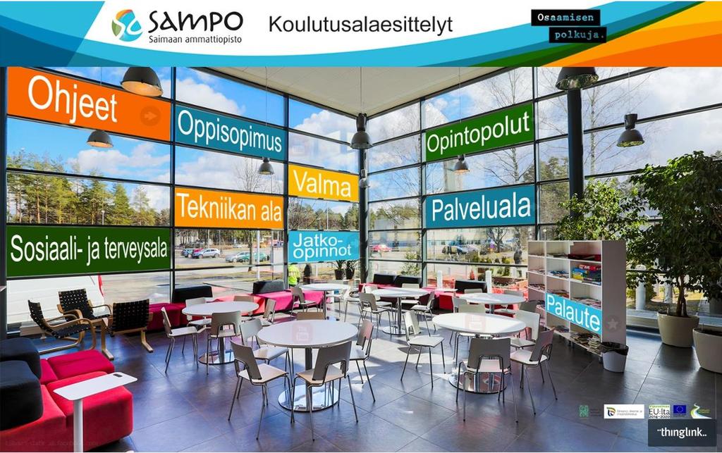 Kuva 1. Koulutusalaesittelyt visualisoinnin keinoin Thinglink-alustan voi upottaa nettisivuille tai jakaa linkkinä. Sitä on helppo käyttää mobiililaitteilla ja selaimen kautta.