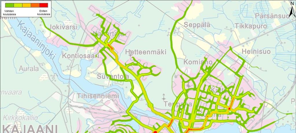 12 (24) 24.2.2017 Kajaanin pyörätieverkon kehittämissuunnitelma Vektorianalyysistä esitetyt kohteet toimivat käytännössä runkona kevyen liikenteen viitoituksen kauko- ja lähikohteille.