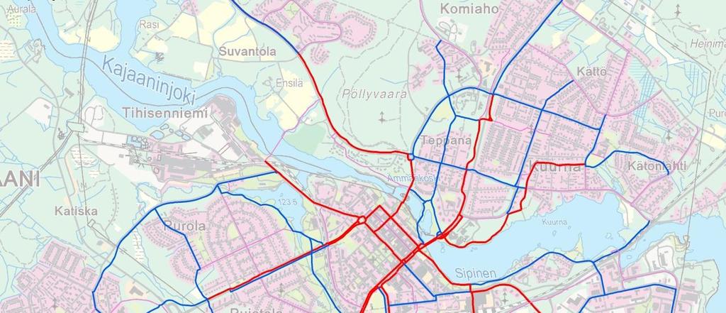 Kajaanin pyörätieverkon kehittämissuunnitelma 24.2.2017 13 (24) Kuva 6. Pyöräteiden pää- ja alueväylien tavoiteverkko Kajaanissa. 3.