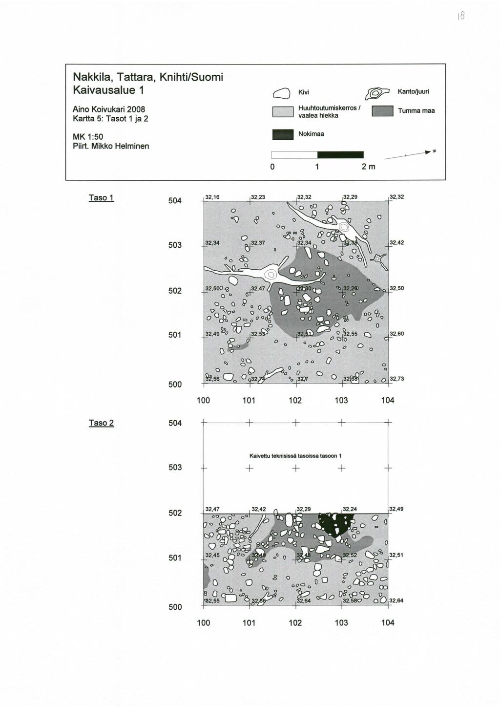 !8 Nakkila, Tattara, Knihti/Suomi Kaivausalue 1 Aino Koivukari 28 Kartta 5: Tasot 1 ja 2 MK 1:5 Piirt. Mikko Helminen C] Kivi ;;ep Kanto~uuri.