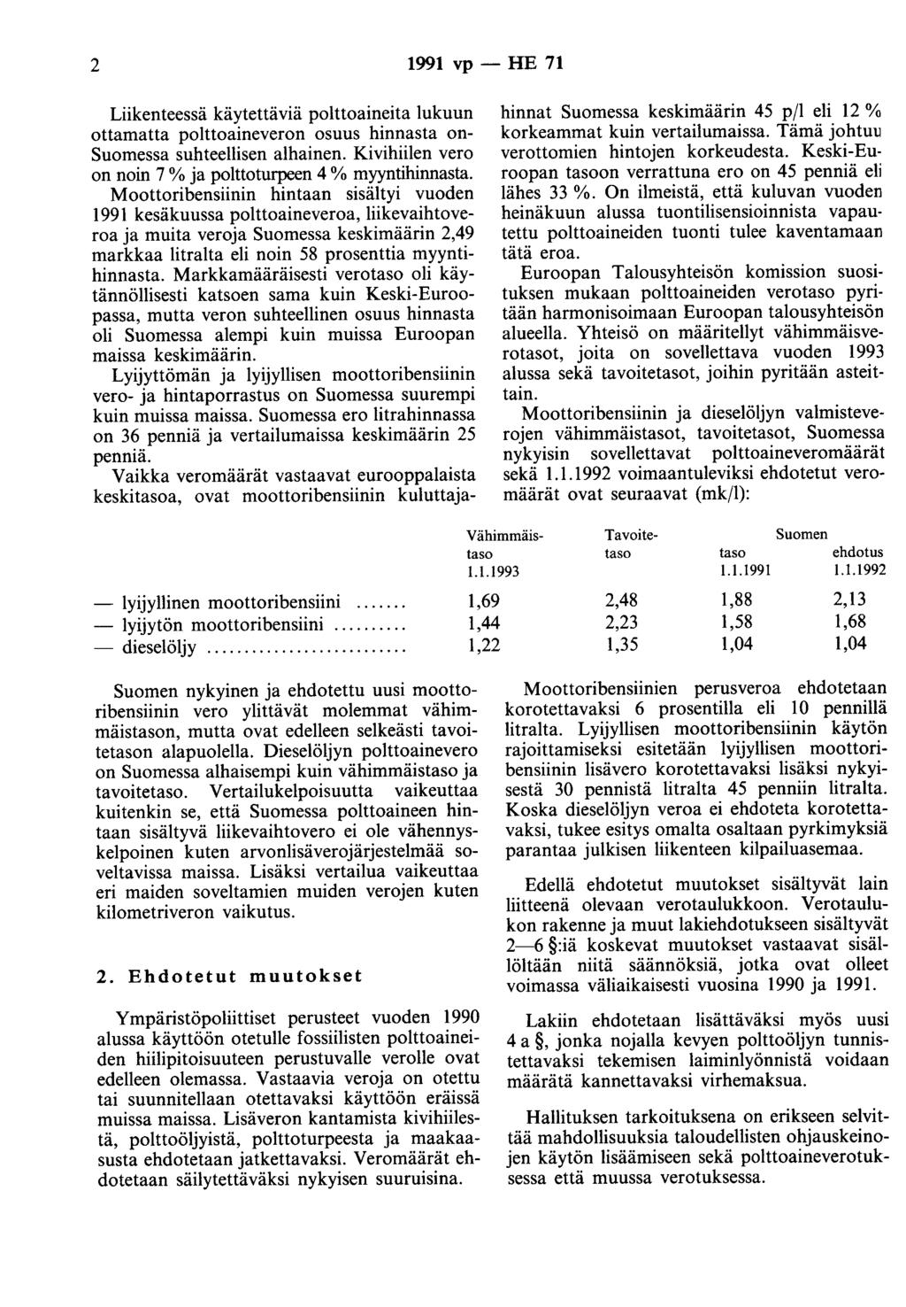 2 1991 vp - HE 71 Liikenteessä käytettäviä polttoaineita lukuun ottamatta polttoaineveron osuus hinnasta On Suomessa suhteellisen alhainen.