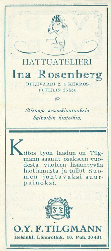 HATTUATKLIERT Ina Rosenberg BUI.EVAR.DI 2. I KERROS PUHEUN 35 564 Dfienoja sesonkiuufuuksia halpoihin hintoihin.