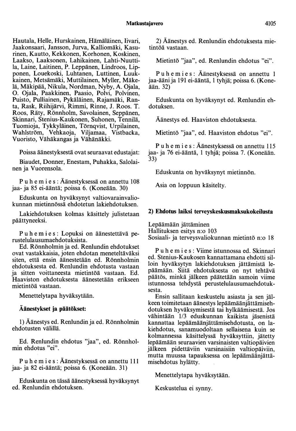 Matkustajavero 4105 Hautala, Helle, Hurskainen, Hämäläinen, Iivari, Jaakonsaari, Jansson, Jurva, Kalliomäki, Kasurinen, Kautto, Kekkonen, Korhonen, Koskinen, Laakso, Laaksonen, Lahikainen,