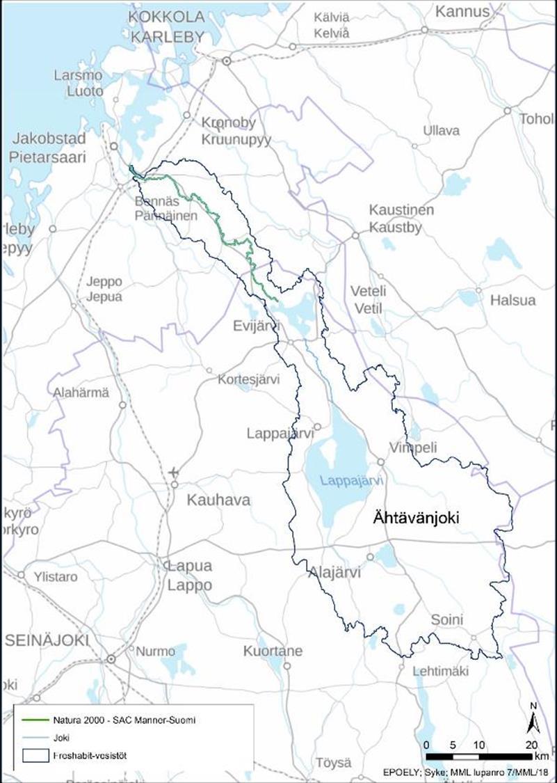 Pohjanmaan joet Ähtävänjoki Natura 2000 alueet (VPD): Ähtävänjoki, SCI Jokisuunlahti ja Valmosanneva, SCI, SPA (Evijärvi) Ekologisen luokittelun