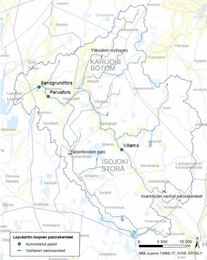 Vaellus- tai osittaisen vaellusesteenesteen poisto/kalatie Habitaattikunnostus Vaellusesteiden poisto ja virtavesikunnostukset Lapväärtin-Isojoella Sandgrundforsin ja Perusforsin padot (2014)