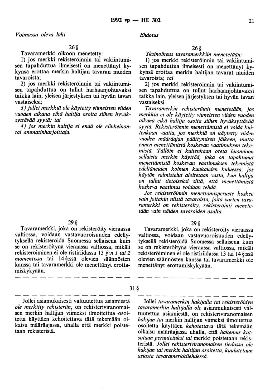 1992 vp- HE 302 21 Voimassa oleva laki 26 Tavaramerkki olkoon menetetty: 1) jos merkki rekisteröinnin tai vakiintumisen tapahduttua ilmeisesti on menettänyt kykynsä erottaa merkin haltijan tavaran