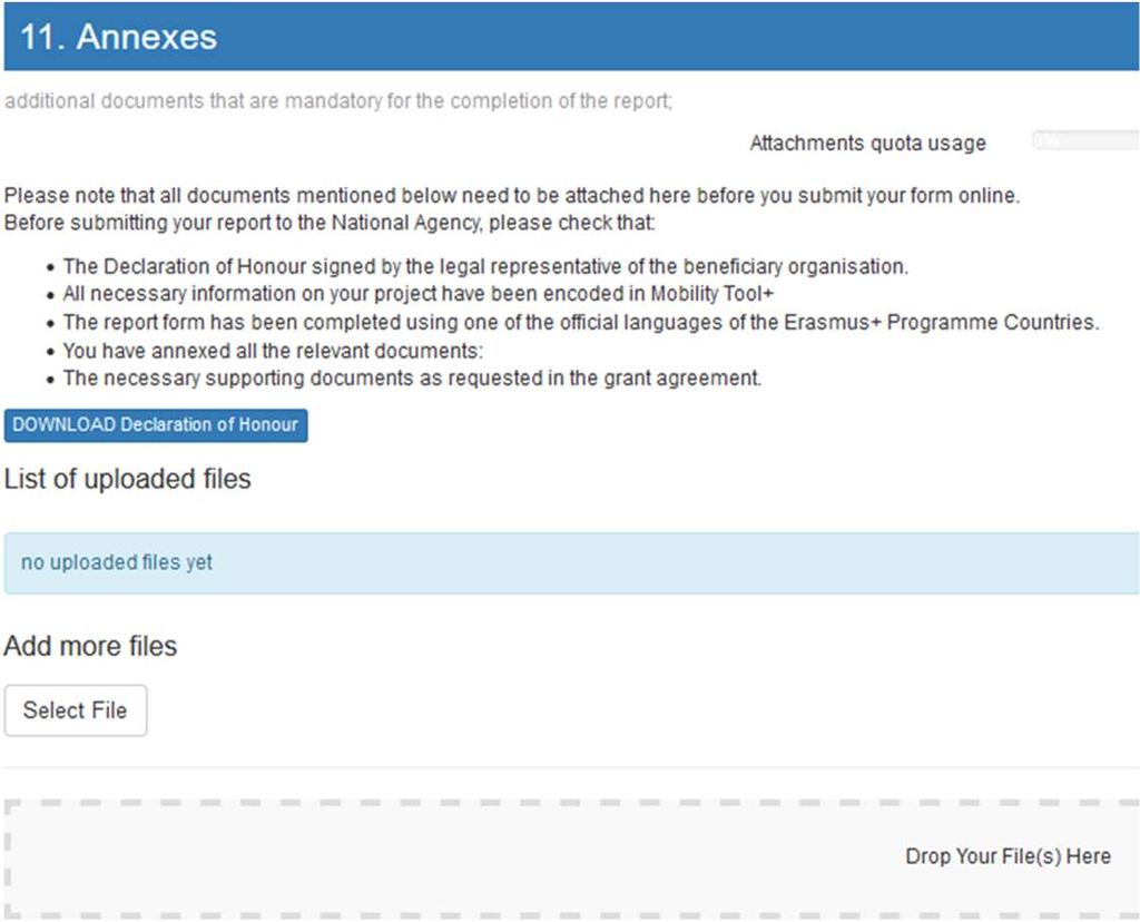 Declaration of honor Kohdassa Annexes, klikkaa DOWNLOAD Declaration of Honour ja lataa lomake allekirjoitettavaksi Skannaa raportin liitteeksi hankkeen