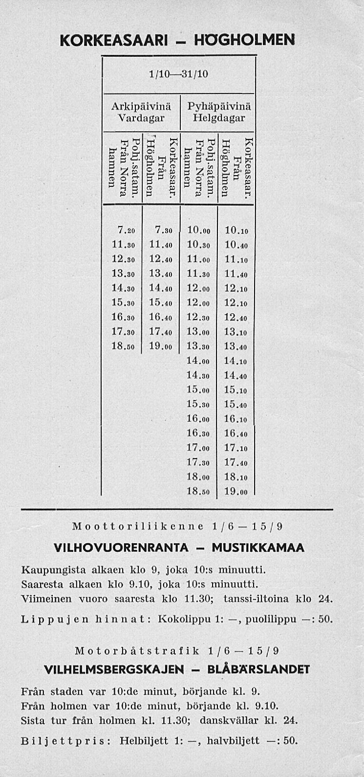 KORKEASAARI HOGHOLMEN 1/1031/10 Pohj.satam. ' Högholmen Pohj.satam. Högholmen 7.20 7. 10.00 lo.io 11. 11.40 10.40 12. 12.40 11.00 11.10 13. 13.40 11. 11.40 14. 14.40 12.00 12.i0 15. 15.40 12.00 12.i0 16.