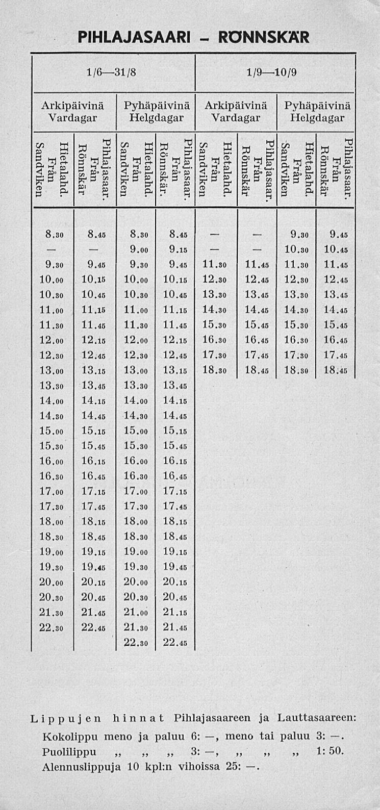 9.00 9. PIHLAJASAARI RÖNNSKÄR i/e: Rönnskär Pihlajasaar. Rönnskär. Pihlajasaar. Rönnskär Pihlajasaar Rönnskär Pihlajasaar. 8. 8.45 8. 8.45 9.45 9.15 10.45 9. 9.45 9. 9.46 11. 11.45 11. 11.45 10.00 10.