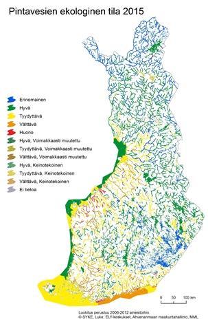 ravinnekuormitus on aiheuttanut merkittävää vesistöjen rehevöitymistä ja ekologisen tilan heikentymistä. Kuva 6. Suomen pintavesien ekologinen tila vuonna 2015 (Pintavesien tila 2018). 2.4.
