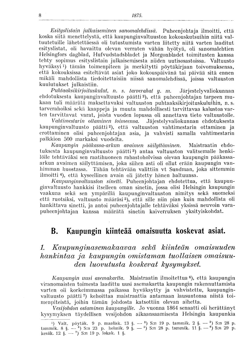 8 1875. Esityslistain julkaiseminen sanomalehdissä.