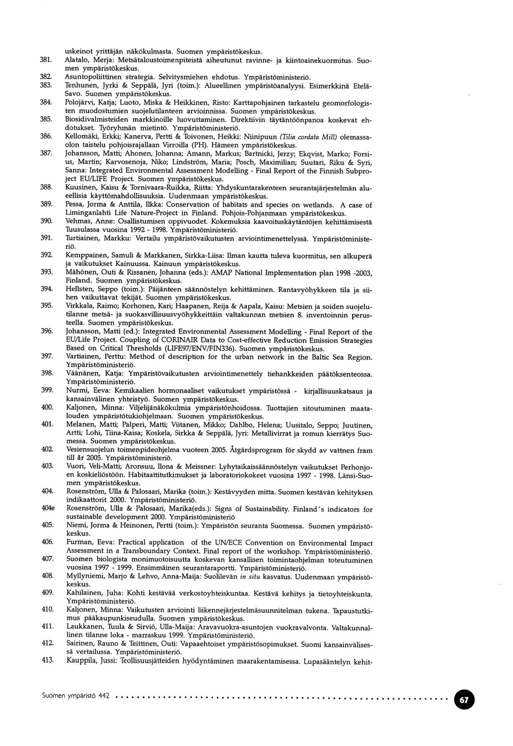 1999. marraskuu 1998. final kirjallisuuskatsaus Final 199$. uskeinot yrittäjän näkökulmasta. Suomen ympäristökeskus. 381.