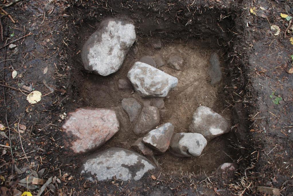 Stratigrafia ja havainnot: Ohuen aluskasvillisuuden ja pintakerroksen alla oli humuspitoinen, runsaasti juuria sisältävä tumma hiekka noin 20-25 cm syvyyteen asti.