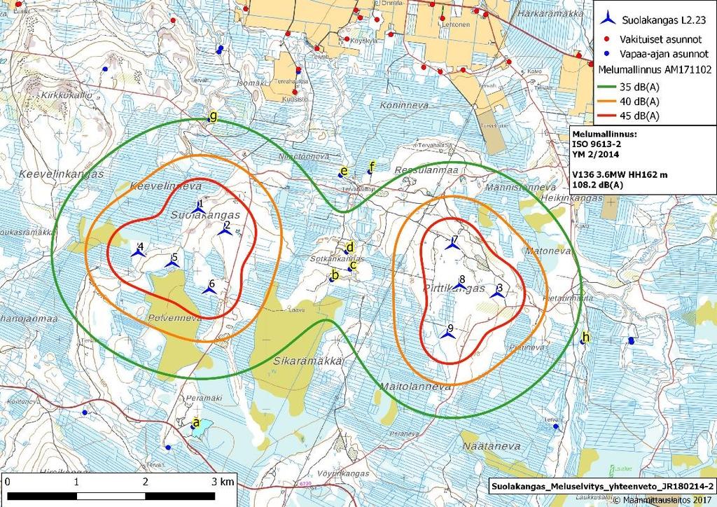 Sivu 13 / 22 Kuva 8. Suolakankaan tuulivoimapuiston melumallinnus voimalalle V136 3.6MW, 162 metrin napakorkeudella.