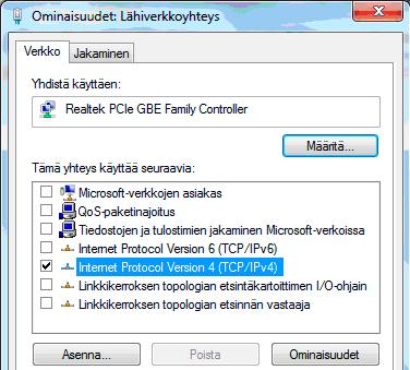 11. Laajakaistaliittymän asetukset / Windows 7 ja Windows 8 6. Tarkista, että Internet-protokolla TCP/IP Version 4 (TCP/IPv4) on rastitettuna.