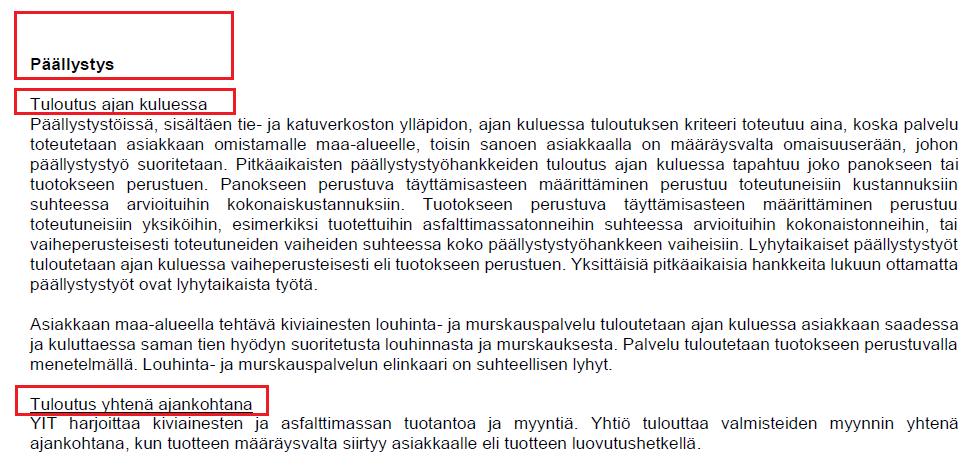 Liite 2B: Suoritevelvoitteiden yksilöiminen ja täyttäminen esimerkki yhtiön puolivuosikatsauksesta Yhtiö