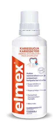 KARIESSUOJA Elmex hammastahnat ja hammashuuhteet sisältävät amiinifluoridia Amiinifluoridi kiinnittyy hammaskiilteeseen nopeasti ja kovettaa sen happoja paremmin kestäväksi.