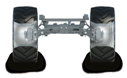 Koneen pituussuuntaisen kallistuksen tasaamisesta huolehtii kaksi tehokasta hydraulisylinteriä, jotka on kytketty erilliseen taka-akselin runkoon. Rinnepellolla suunnikas siirtyy ylös- tai alaspäin.