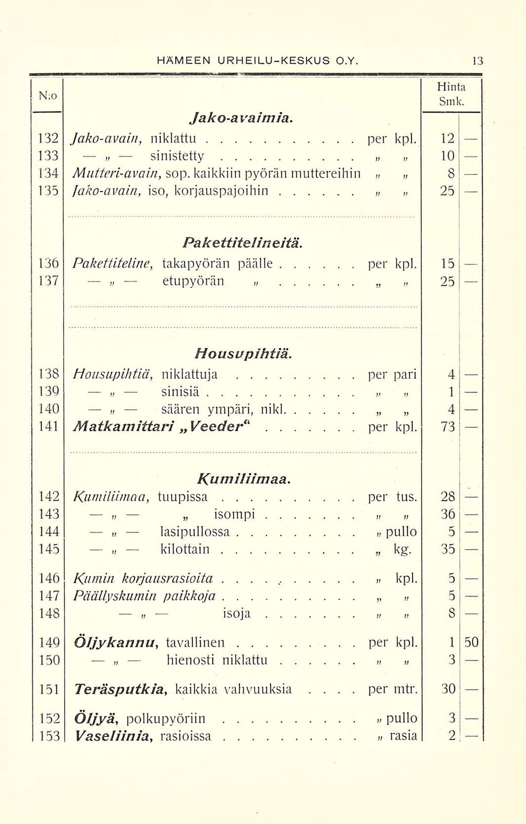 per HÄMEEN URHEILUKESKUS O.Y. N:0 Hinta Smk. Jakoavaimia. 132 Jakoavain, niklattu per kpl. 12 133 sinistetty 10» 134 Mutteriavain, sop.