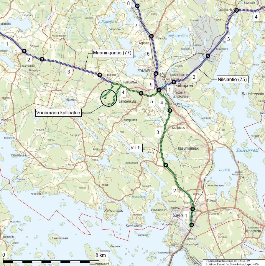 VUORIMÄEN KALLIOALUE, SIILINJÄRVI: 99 8.9 Vaikutukset liikennemääriin ja liikenneturvallisuuteen 8.9.1 Liikenteen vaikutusalueen kuvaus Vuorimäen kallioalueen pohjoispuolella kulkee Maaningantie (77), joka on myös osa Sinistä Tietä.